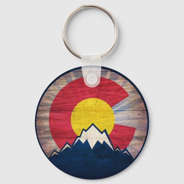 Rustic wood Colorado flag mountains keychain (Front)