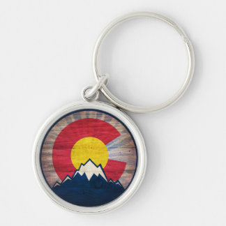 Rustic wood Colorado flag mountains metal keychain