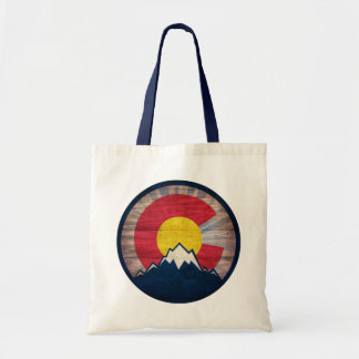 Rustic wood Colorado flag mountains tote bag