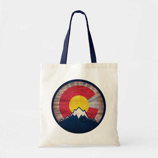 Rustic wood Colorado flag mountains tote bag (Front)