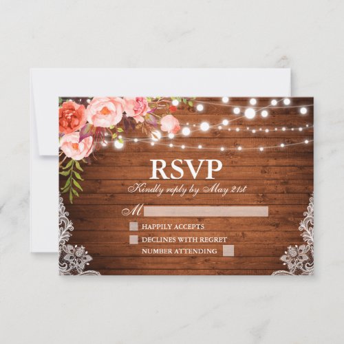 Rustic Wood Coral Floral Lights Lace Wedding RSVP Card