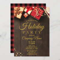 Rustic Wood Corporate Gold Holiday Christmas Party Invitation