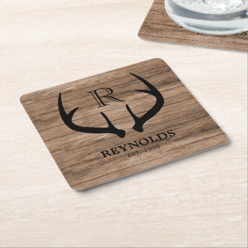 Rustic Wood Country Antlers Family Monogram Square Paper Coaster