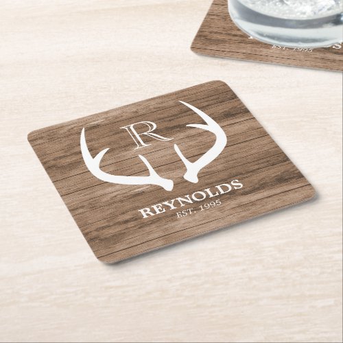 Rustic Wood Country Antlers Family Monogrammed Square Paper Coaster