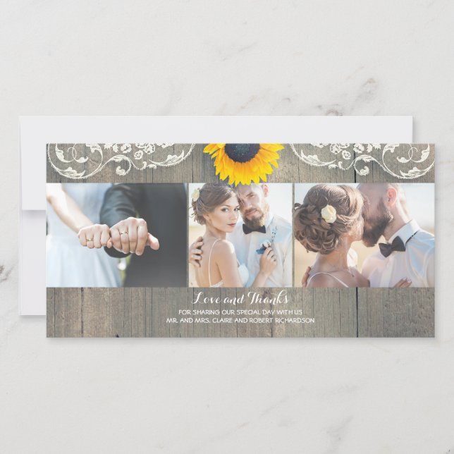 Rustic Wood Country Barn Sunflower Lace Thank You (Front)
