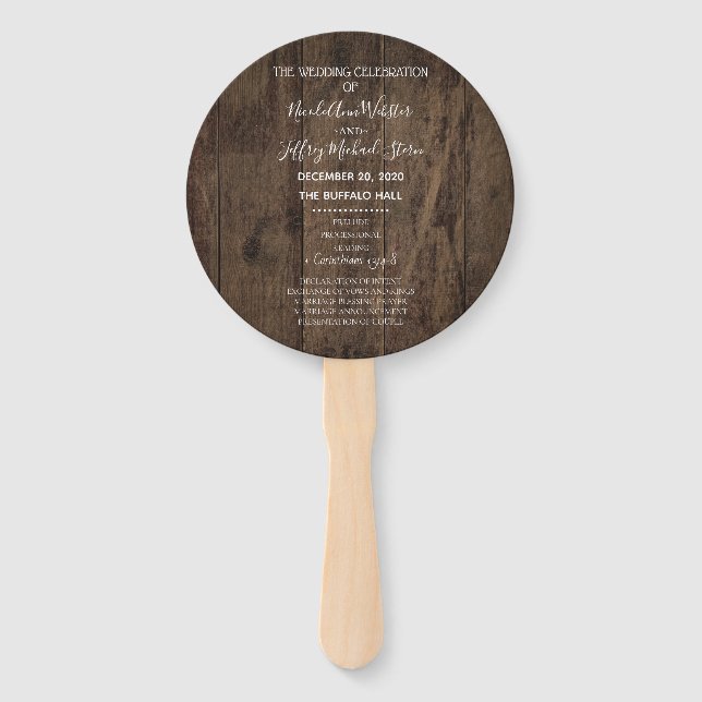 Rustic Wood Country Barn Wedding Program Hand Fan (Front)
