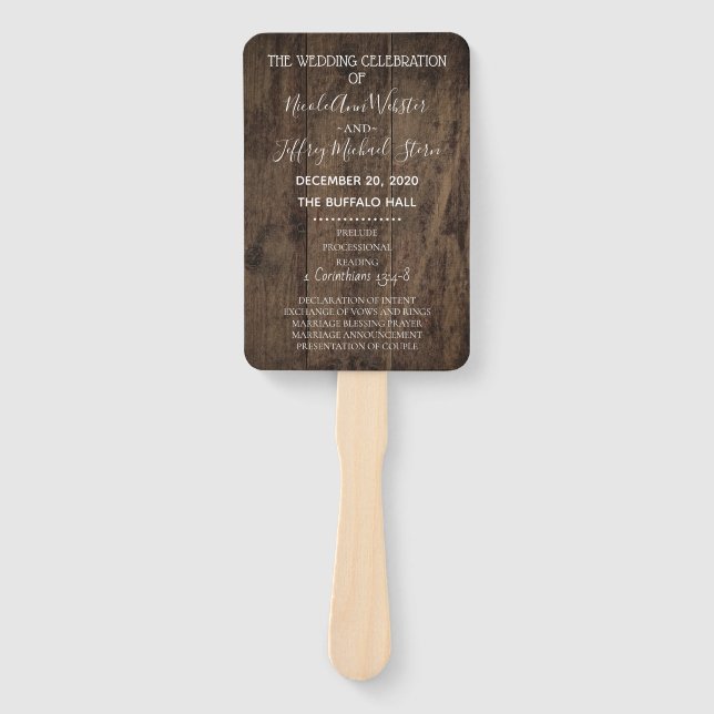 Rustic Wood Country Barn Wedding Program Hand Fan (Front)
