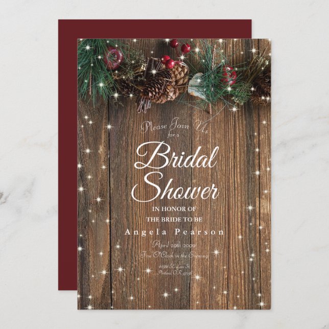 Rustic Wood Country Christmas Pine Garland Sparkle Invitation (Front/Back)