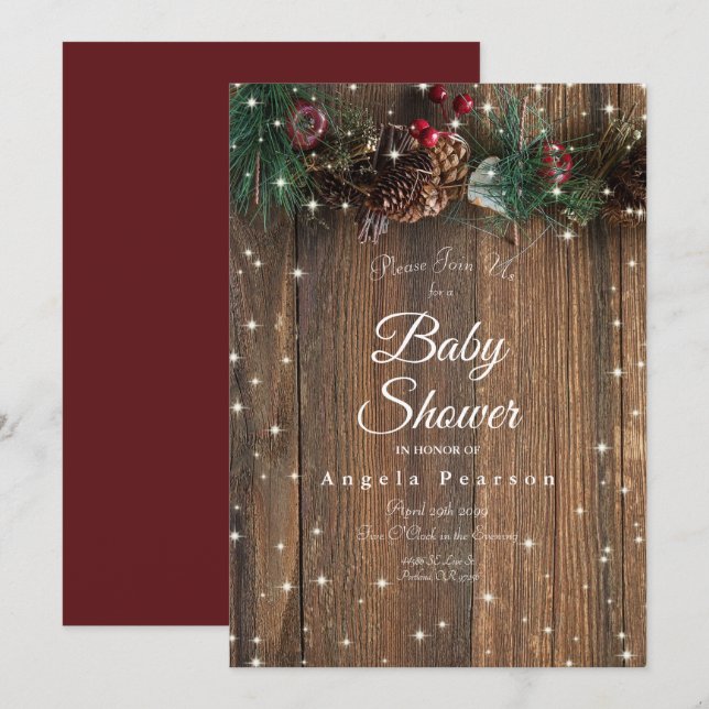 Rustic Wood Country Christmas Pine Garland Sparkle Invitation (Front/Back)