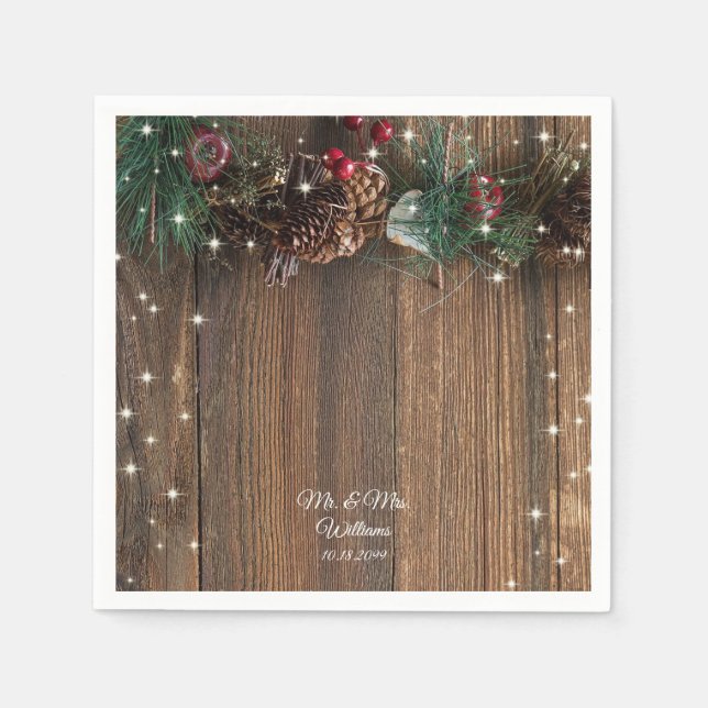 Rustic Wood Country Christmas Pine Garland Sparkle Napkins (Front)