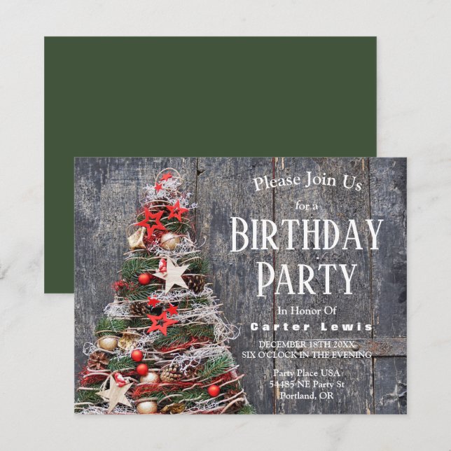 Rustic Wood Country Christmas Tree Stars Birthday Invitation (Front/Back)