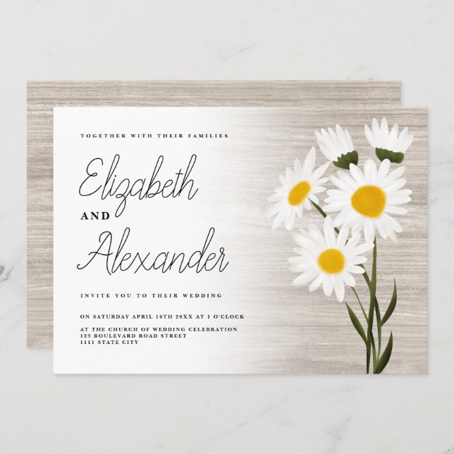 Rustic wood country daisy flowers backyard wedding invitation (Front/Back)