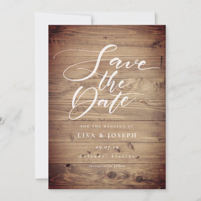 Rustic Wood Country Elegant Script Save The Date (Front)