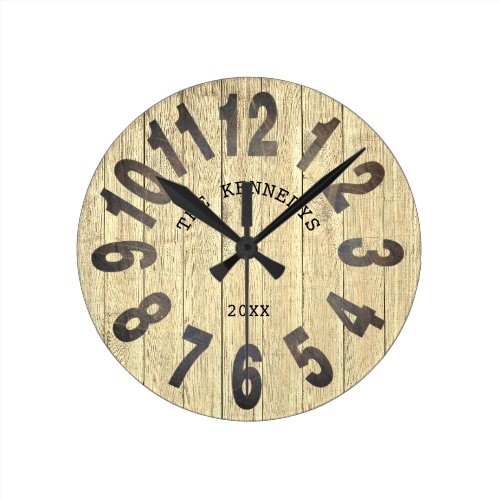 Rustic Wood Country Family Name Big Number Round Clock