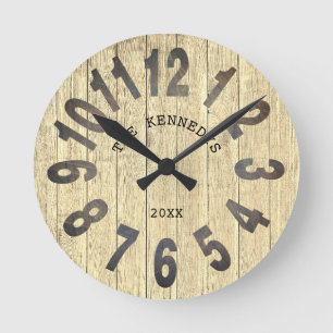 Rustic Wood Country Family Name Big Number Round Clock