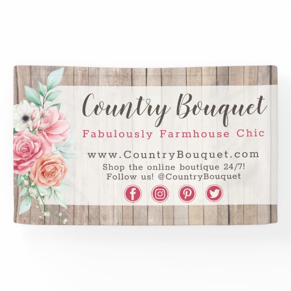 Rustic Wood Country Farmhouse Floral Rose Boutique Banner Custom Products