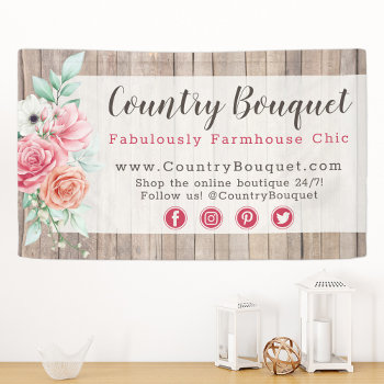 Rustic Wood Country Farmhouse Floral Rose Boutique Banner by CyanSkyDesign at Zazzle