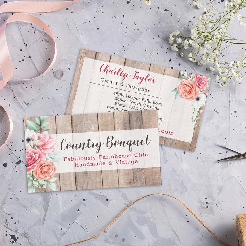 Rustic Wood Country Farmhouse Floral Rose Elegant Business Card