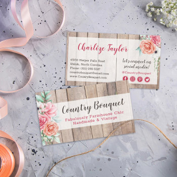 Rustic Wood Country Farmhouse Floral Social Media Business Card by CyanSkyDesign at Zazzle