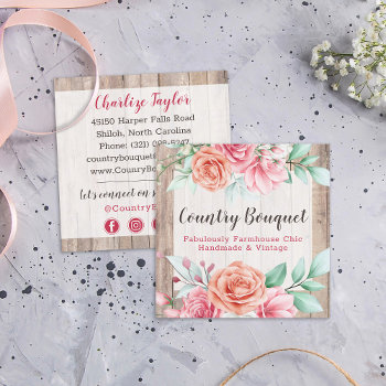 Rustic Wood Country Farmhouse Floral Social Media Square Business Card by CyanSkyDesign at Zazzle
