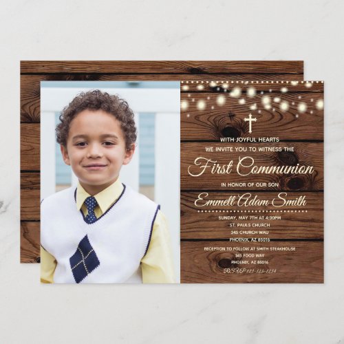 Rustic Wood Country First 1st Communion Boy Girl Invitation