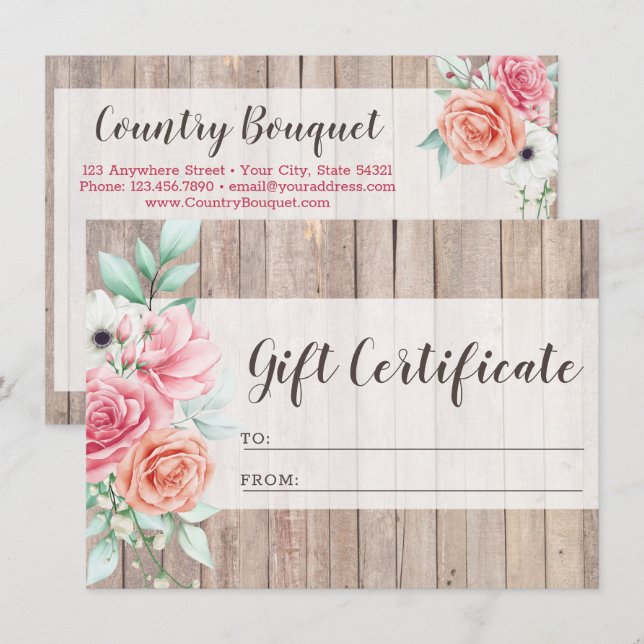 Rustic Wood Country Floral Gift Certificate Card (Front/Back)