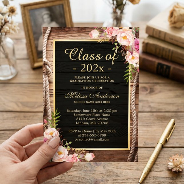 Rustic Wood Country Floral Style Graduation Invitation (Creator Uploaded)