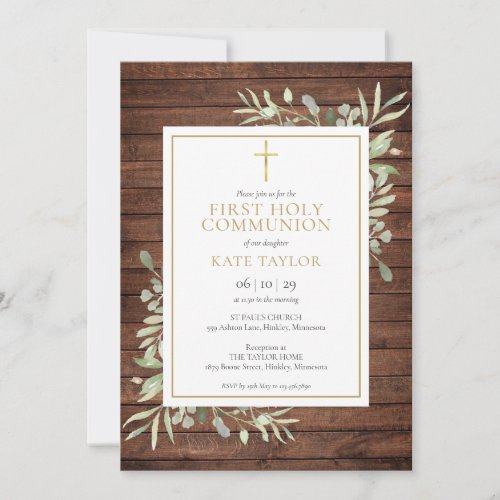 Rustic Wood Country Greenery First Holy Communion Invitation