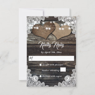 Rustic Wood Country Hearts Floral Lace Wedding RSVP Card