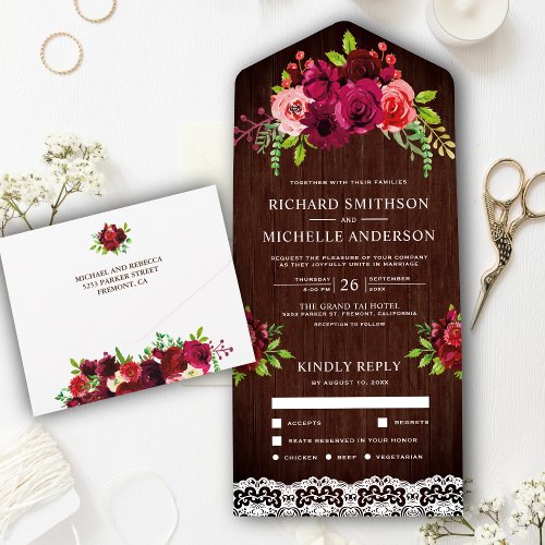 Rustic Wood Country Lace Burgundy Floral Wedding All In One Invitation
