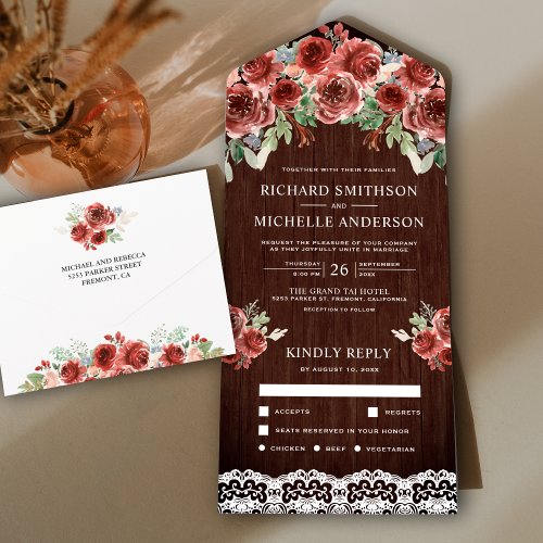 Rustic Wood Country Lace Marsala Floral Wedding All In One Invitation