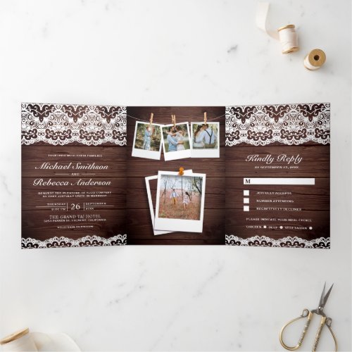 Rustic Wood Country Lace Photo Collage Wedding Tri_Fold Invitation