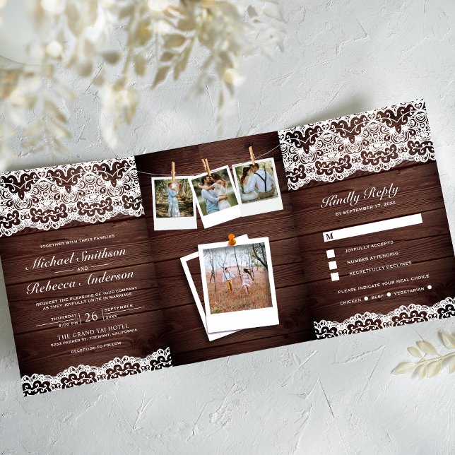 Rustic Wood Country Lace Photo Collage Wedding Tri-Fold Invitation (Creator Uploaded)