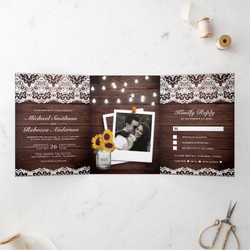 Rustic Wood Country Lace String Lights Wedding Tri_Fold Invitation