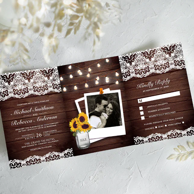 Rustic Wood Country Lace String Lights Wedding Tri-Fold Invitation | Zazzle
