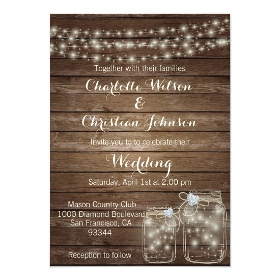 Rustic Wood Country Mason Jar Lights Wedding Invitation