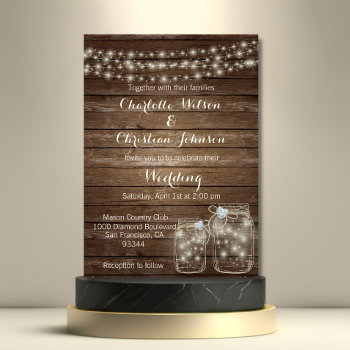 Rustic Wood Country Mason Jar Lights Wedding Invitation by UniqueWeddingShop at Zazzle