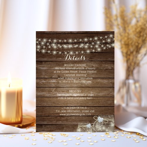 Rustic Wood Country Mason Jar Wedding DETAILS Enclosure Card