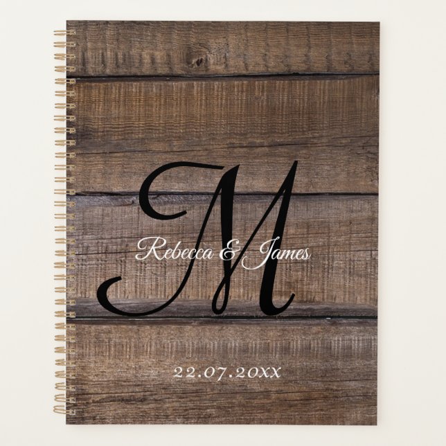 Rustic Wood Country Monogram Script Wedding  Planner (Front)
