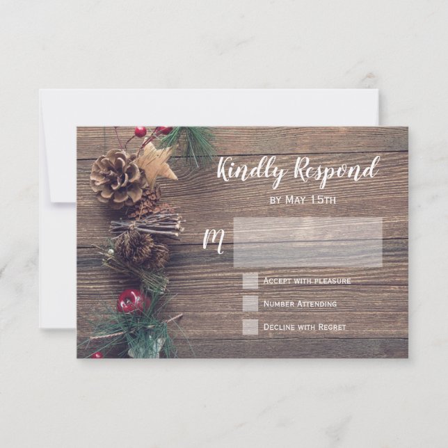 Rustic Wood Country Pine Cone Wedding RSVP Cards (Front)