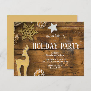 Rustic Wood Country Pinecones Christmas Party Invitation