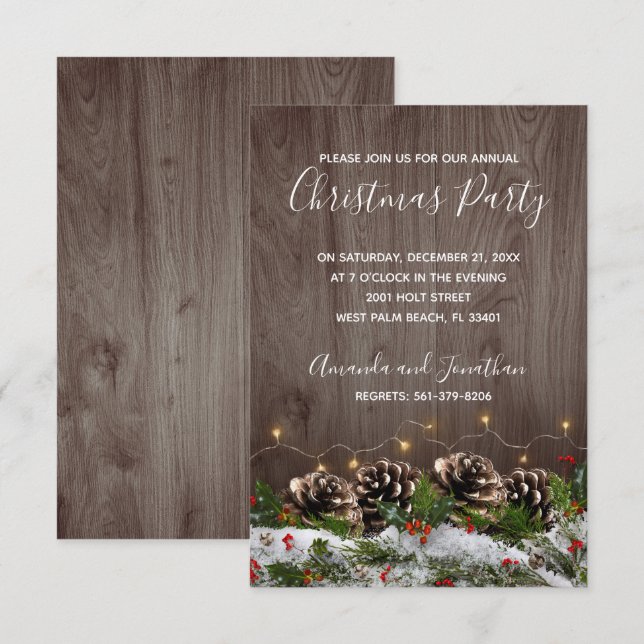 Rustic Wood Country Pines Lights Snow Christmas Invitation (Front/Back)