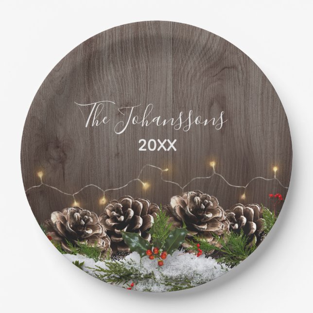 Rustic Wood Country Pines Lights & Snow Christmas Paper Plates (Front)