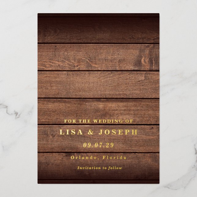 Rustic Wood Country Script Save the Date Foil Invitation (Front)