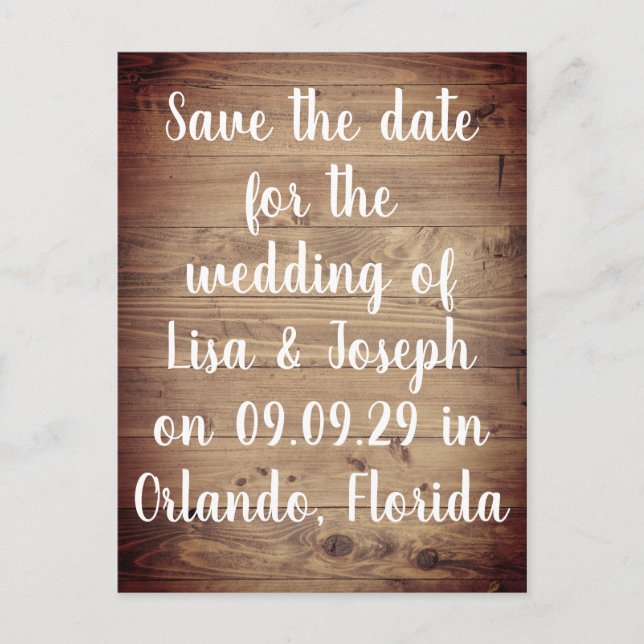 Rustic Wood Country Script Save the Date Postcard (Front)