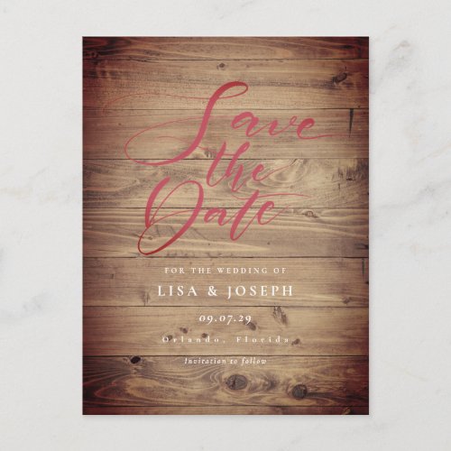 Rustic Wood Country Script Save the Date Postcard