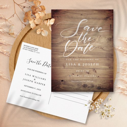 Rustic Wood Country Script Save the Date Postcard