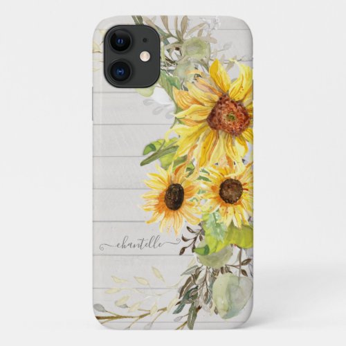 Rustic Wood Country Sunflower Watercolor Floral iPhone 11 Case