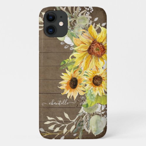 Rustic Wood Country Sunflower Watercolor Floral iPhone 11 Case