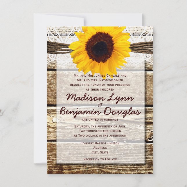 Rustic Wood Country Sunflower Wedding Invitations (Front)